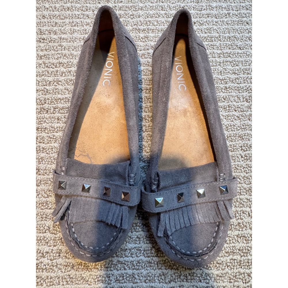 Vionic Women's Gray Suede Studded Fringed Loafer Flats Shoes Size 7